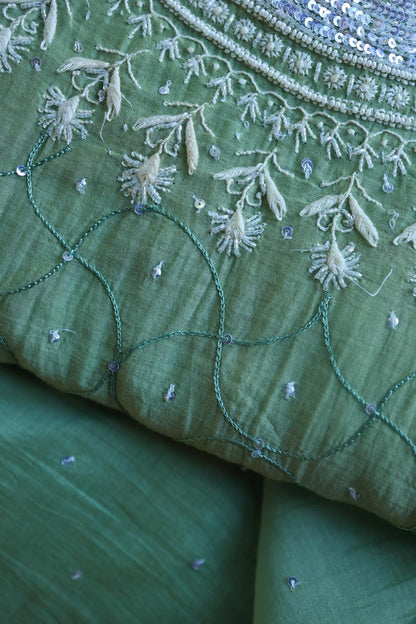 Sea Green Mal Chanderi Silk Chikankari With Sequins Unstitched Kurta Dupatta Set