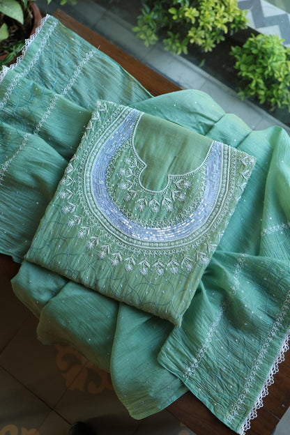 Sea Green Mal Chanderi Silk Chikankari With Sequins Unstitched Kurta Dupatta Set