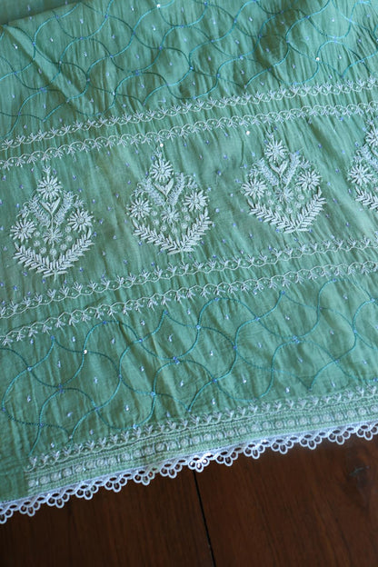 Sea Green Mal Chanderi Silk Chikankari With Sequins Unstitched Kurta Dupatta Set