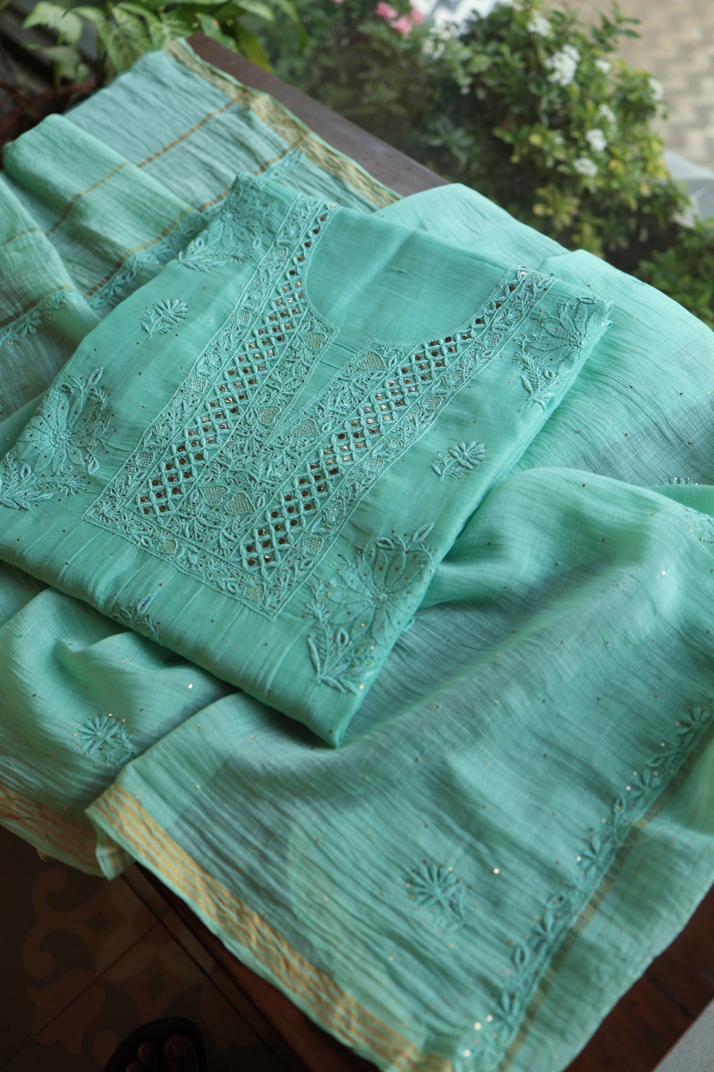 Sea Green Mal Cotton Fine Chikankari With Kamdani Work Unstitched Fabric