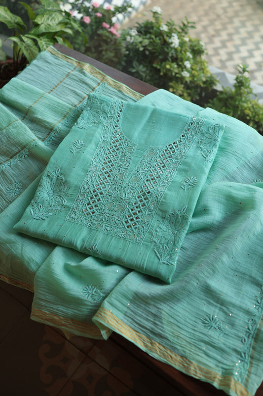 Sea Green Mal Cotton Fine Chikankari With Kamdani Work Unstitched Fabric
