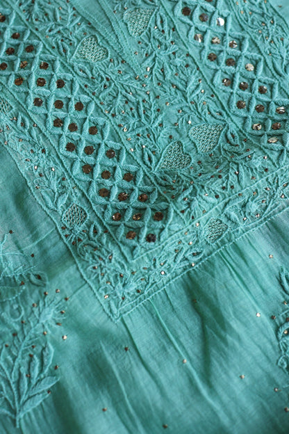 Sea Green Mal Cotton Fine Chikankari With Kamdani Work Unstitched Fabric