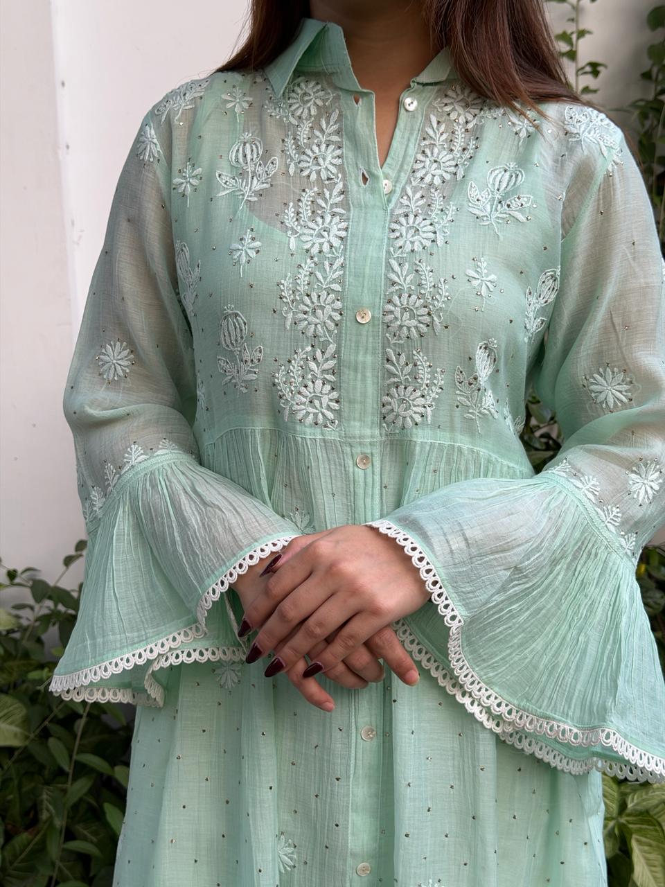 Sea Green Mal chikankari Dress With Bell Sleeves