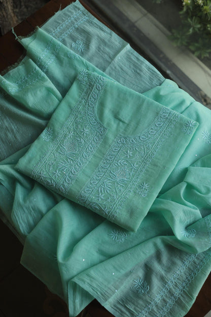 Sea Green Malmal Pearl Work Chikankari Fabrics