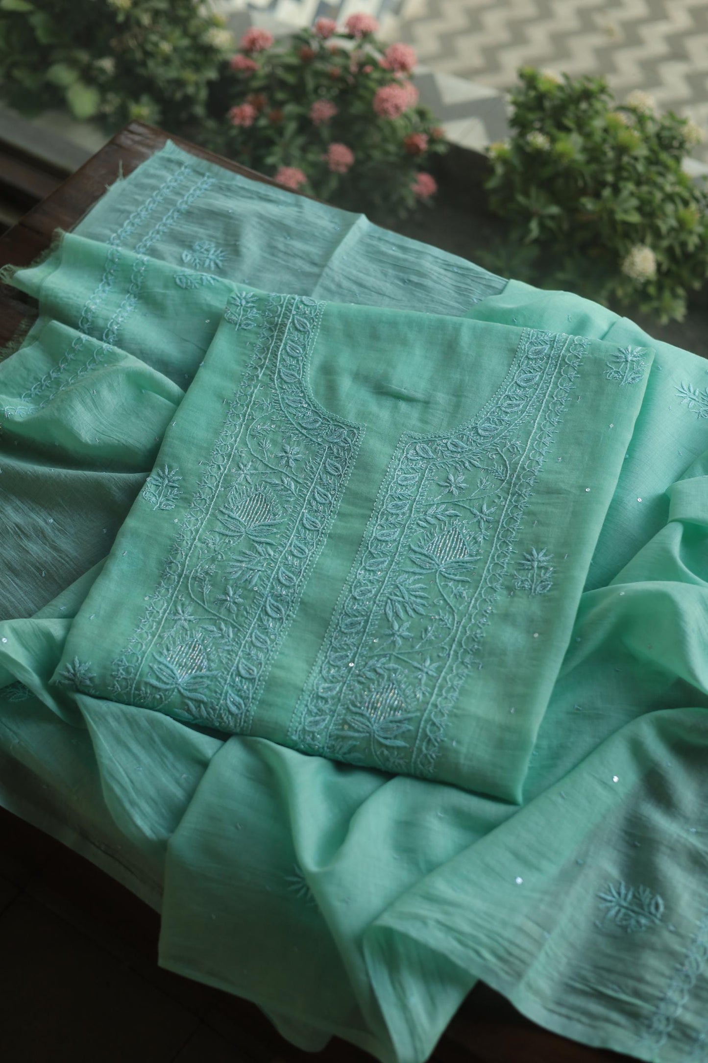Sea Green Malmal Pearl Work Chikankari Fabrics