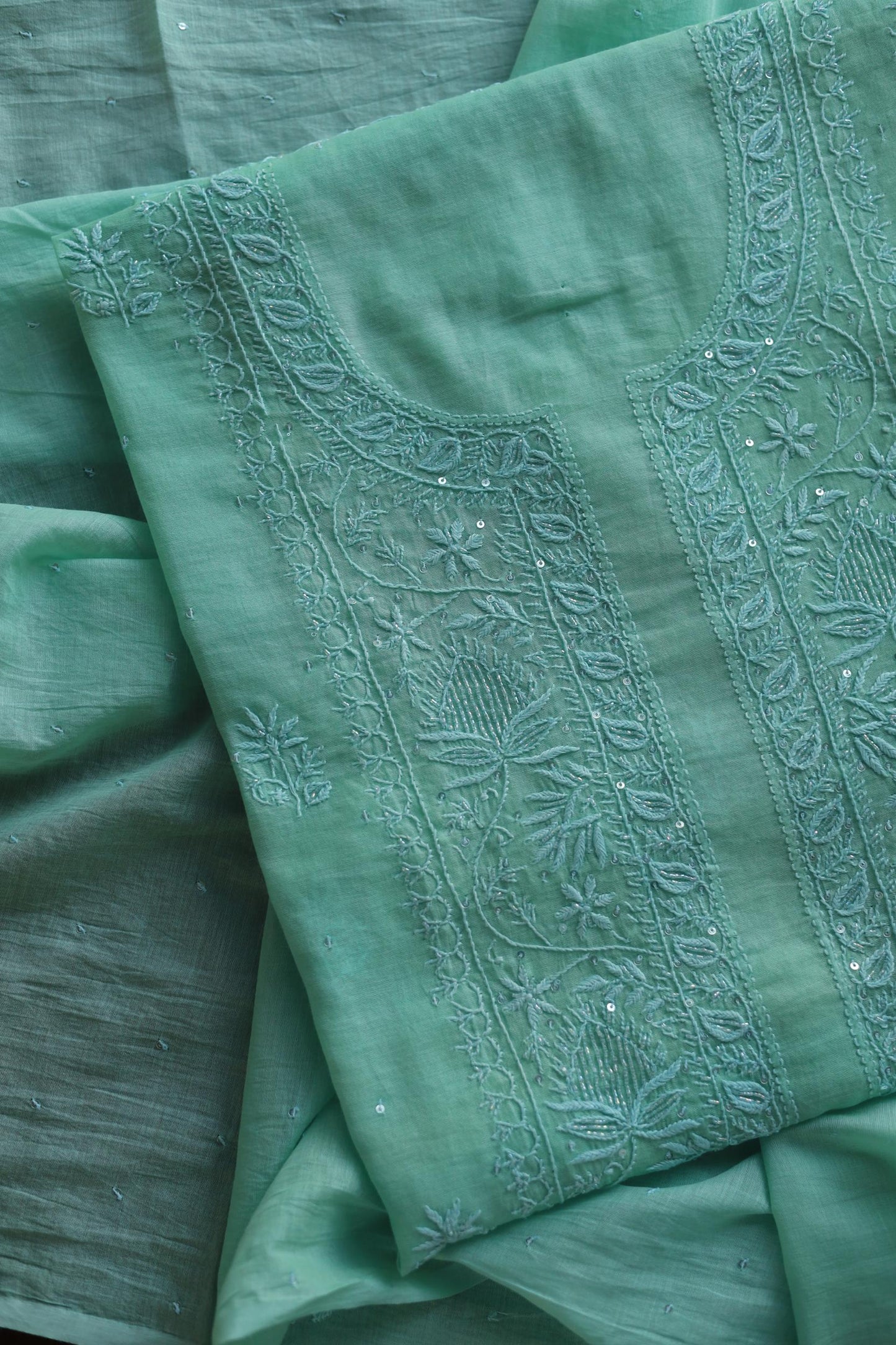 Sea Green Malmal Pearl Work Chikankari Fabrics