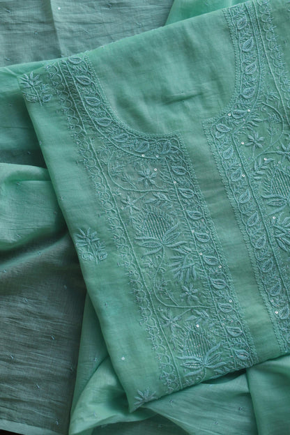Sea Green Malmal Pearl Work Chikankari Fabrics