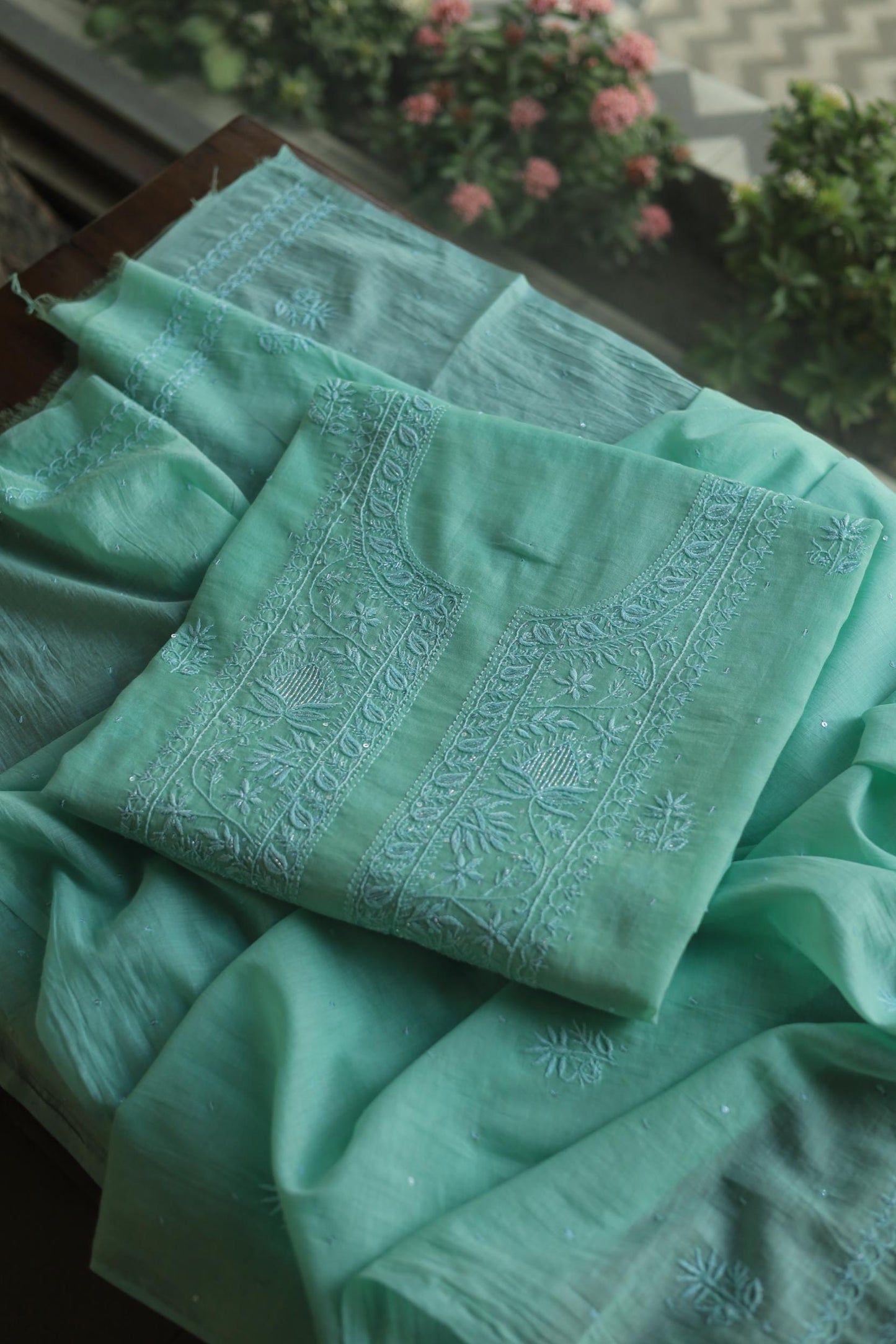 Sea Green Malmal Pearl Work Chikankari Fabrics