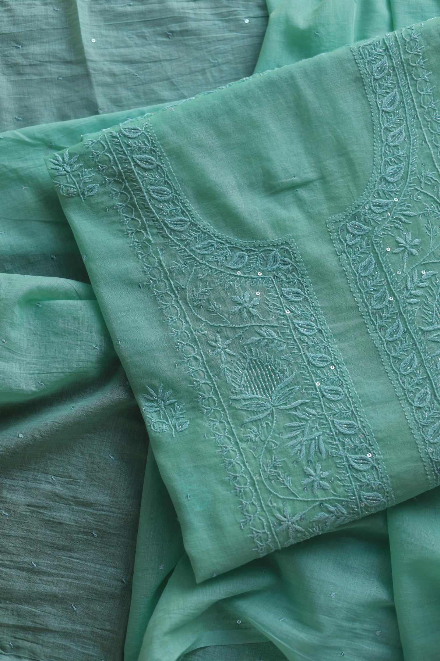 Sea Green Malmal Pearl Work Chikankari Fabrics