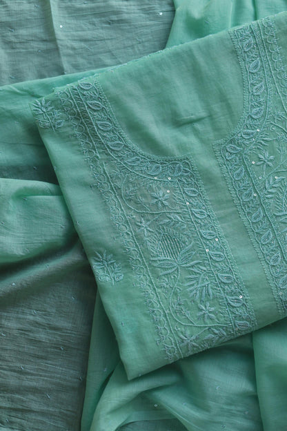 Sea Green Malmal Pearl Work Chikankari Fabrics