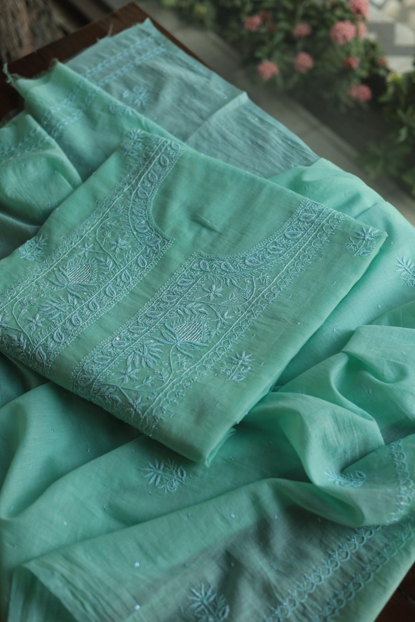 Sea Green Malmal Pearl Work Chikankari Fabrics