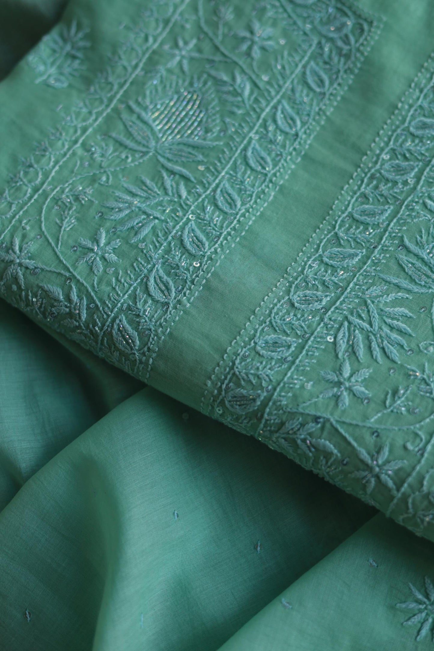 Sea Green Malmal Pearl Work Chikankari Fabrics