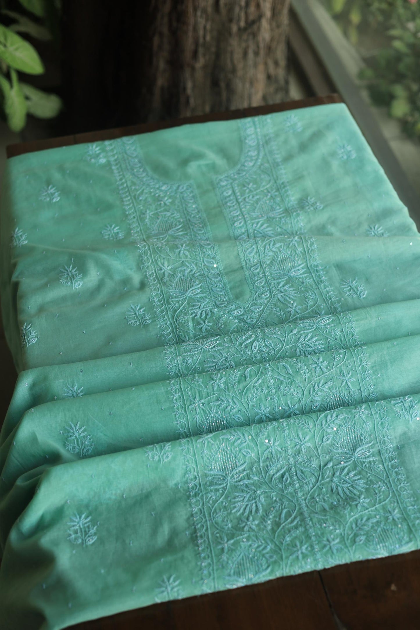 Sea Green Malmal Pearl Work Chikankari Fabrics