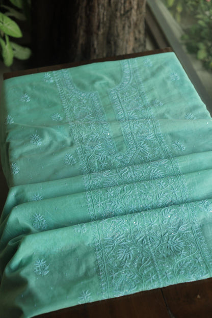 Sea Green Malmal Pearl Work Chikankari Fabrics