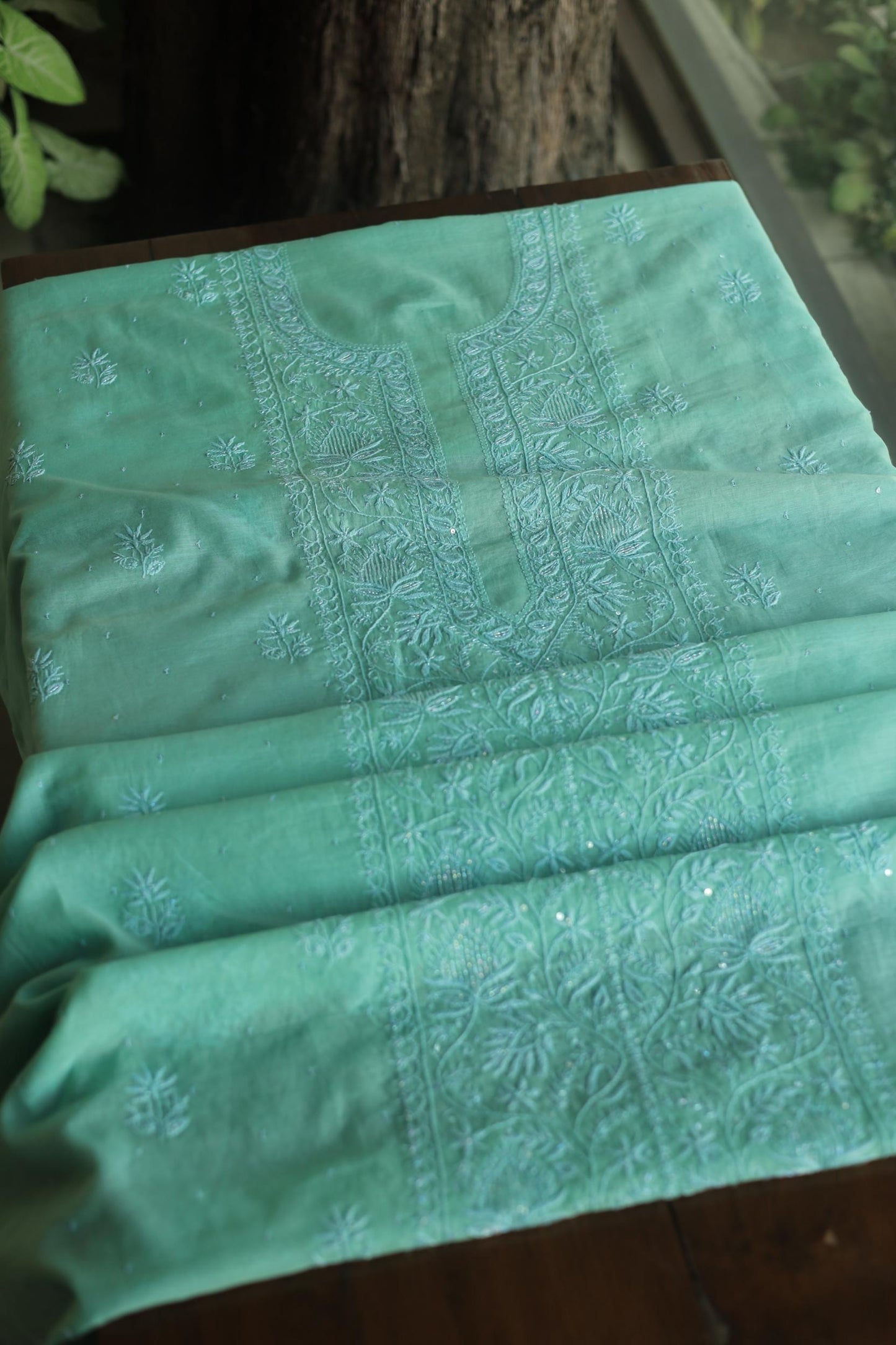 Sea Green Malmal Pearl Work Chikankari Fabrics