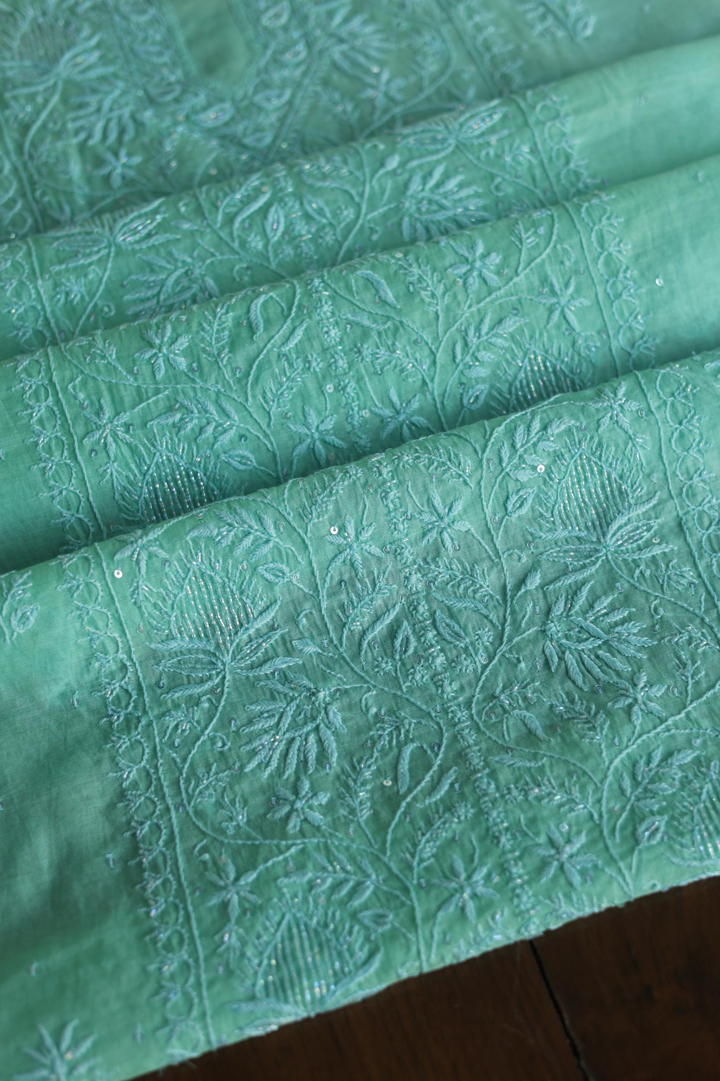 Sea Green Malmal Pearl Work Chikankari Fabrics