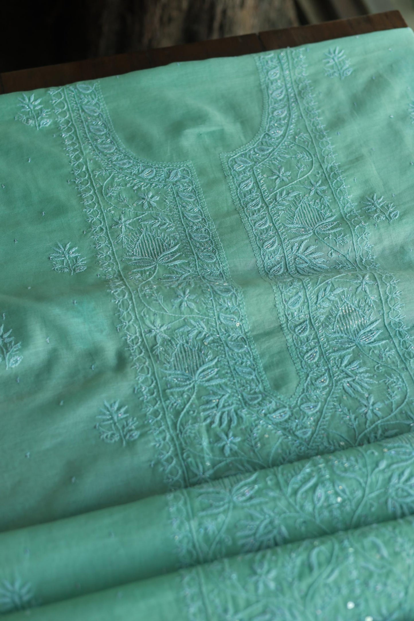 Sea Green Malmal Pearl Work Chikankari Fabrics