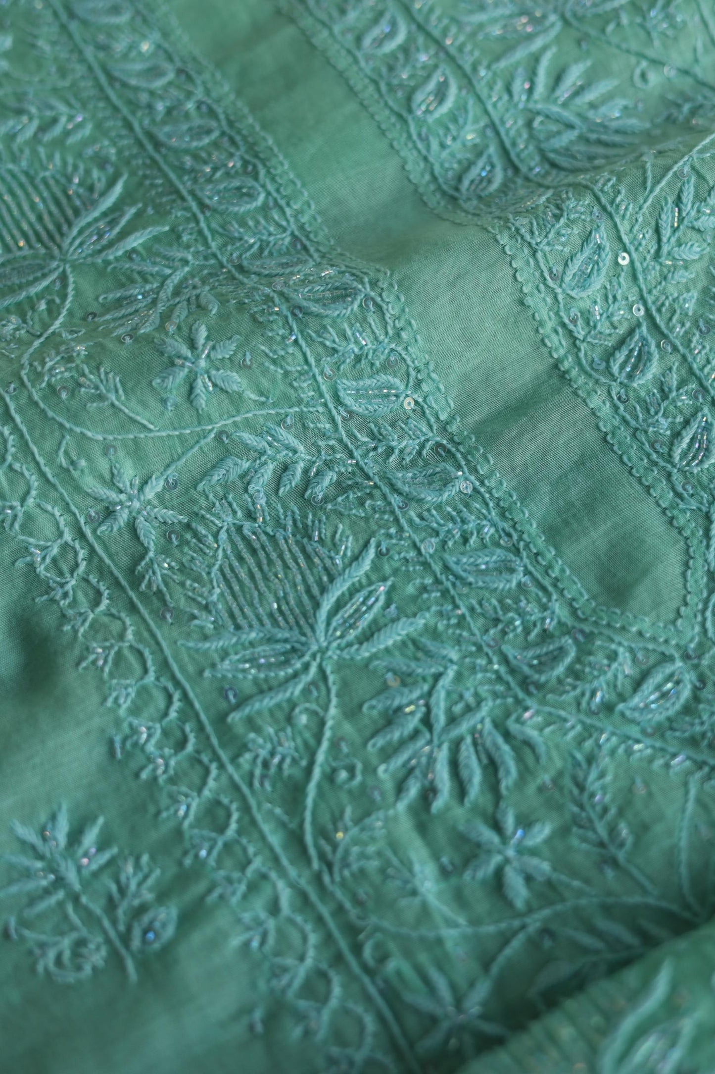 Sea Green Malmal Pearl Work Chikankari Fabrics