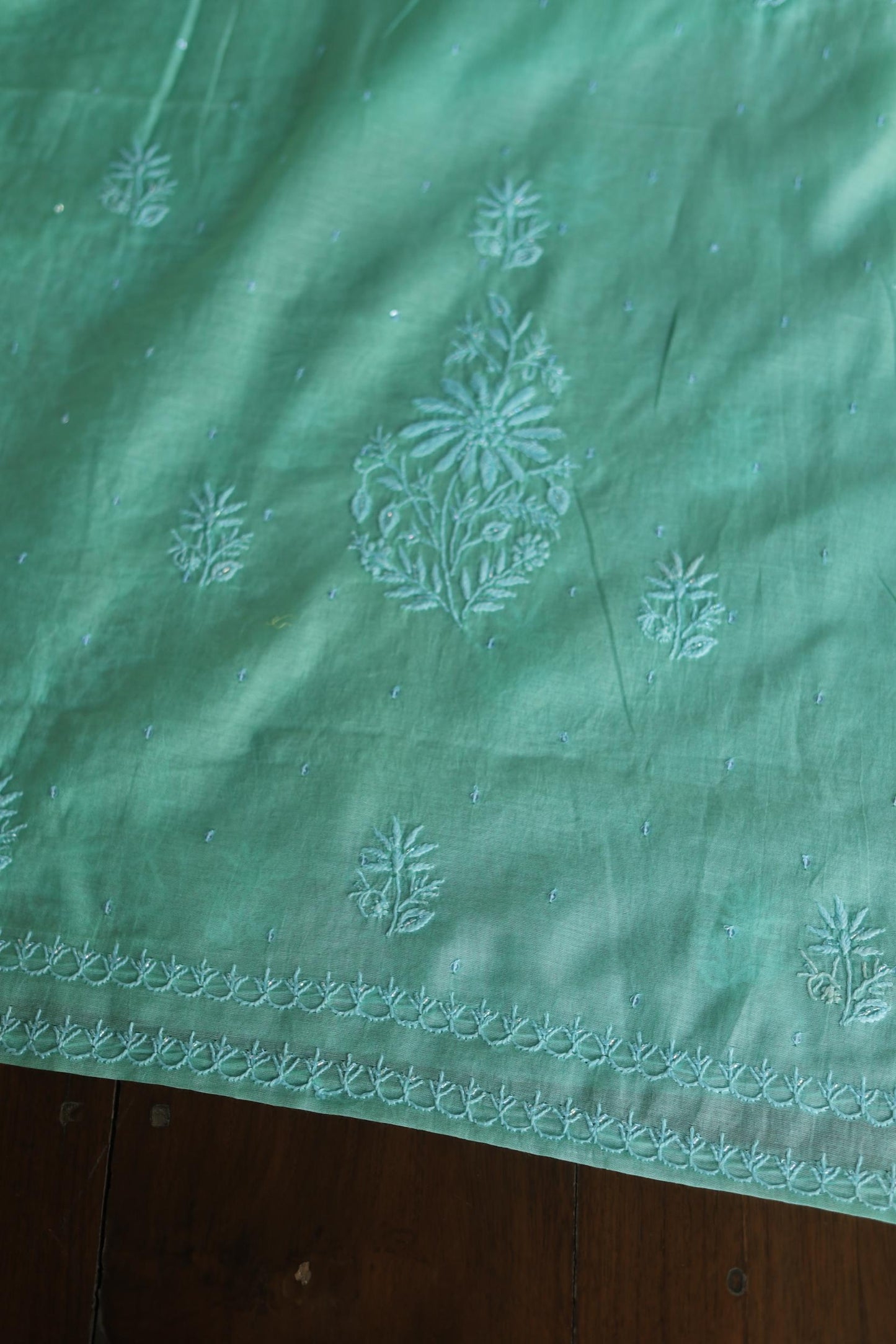 Sea Green Malmal Pearl Work Chikankari Fabrics