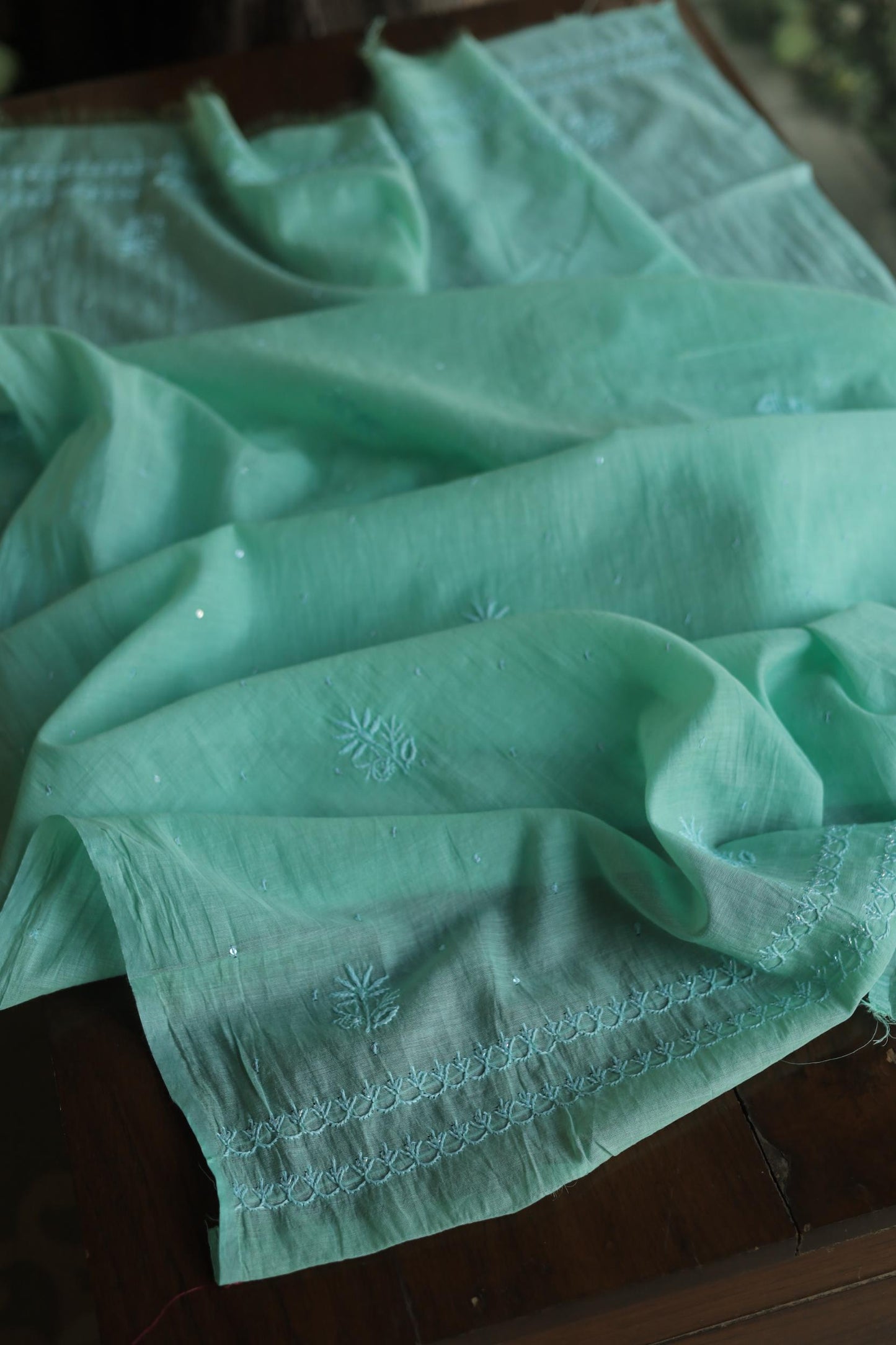 Sea Green Malmal Pearl Work Chikankari Fabrics