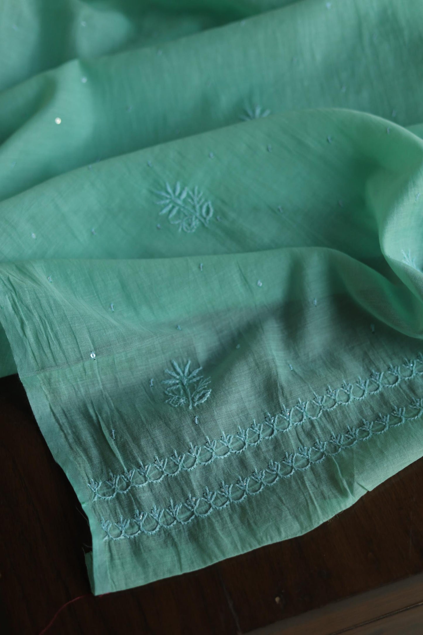 Sea Green Malmal Pearl Work Chikankari Fabrics