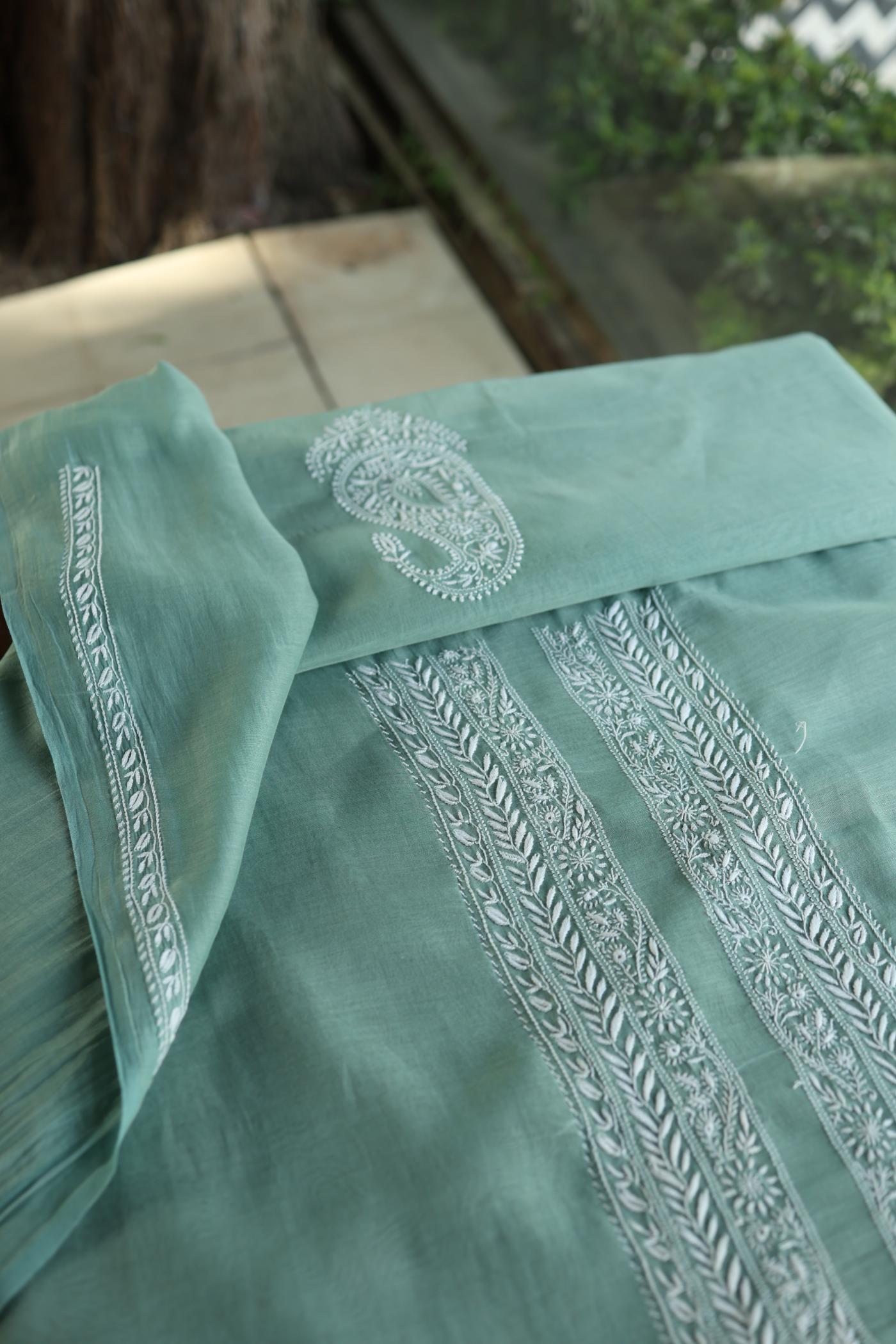 Sea Green Mulmul Chikankari Unstitched Men's Kurtas Fabric