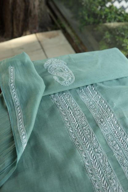 Sea Green Mulmul Chikankari Unstitched Men's Kurtas Fabric
