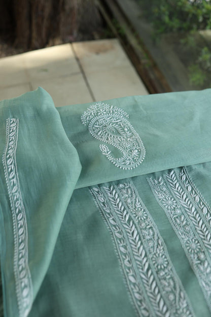Sea Green Mulmul Chikankari Unstitched Men's Kurtas Fabric