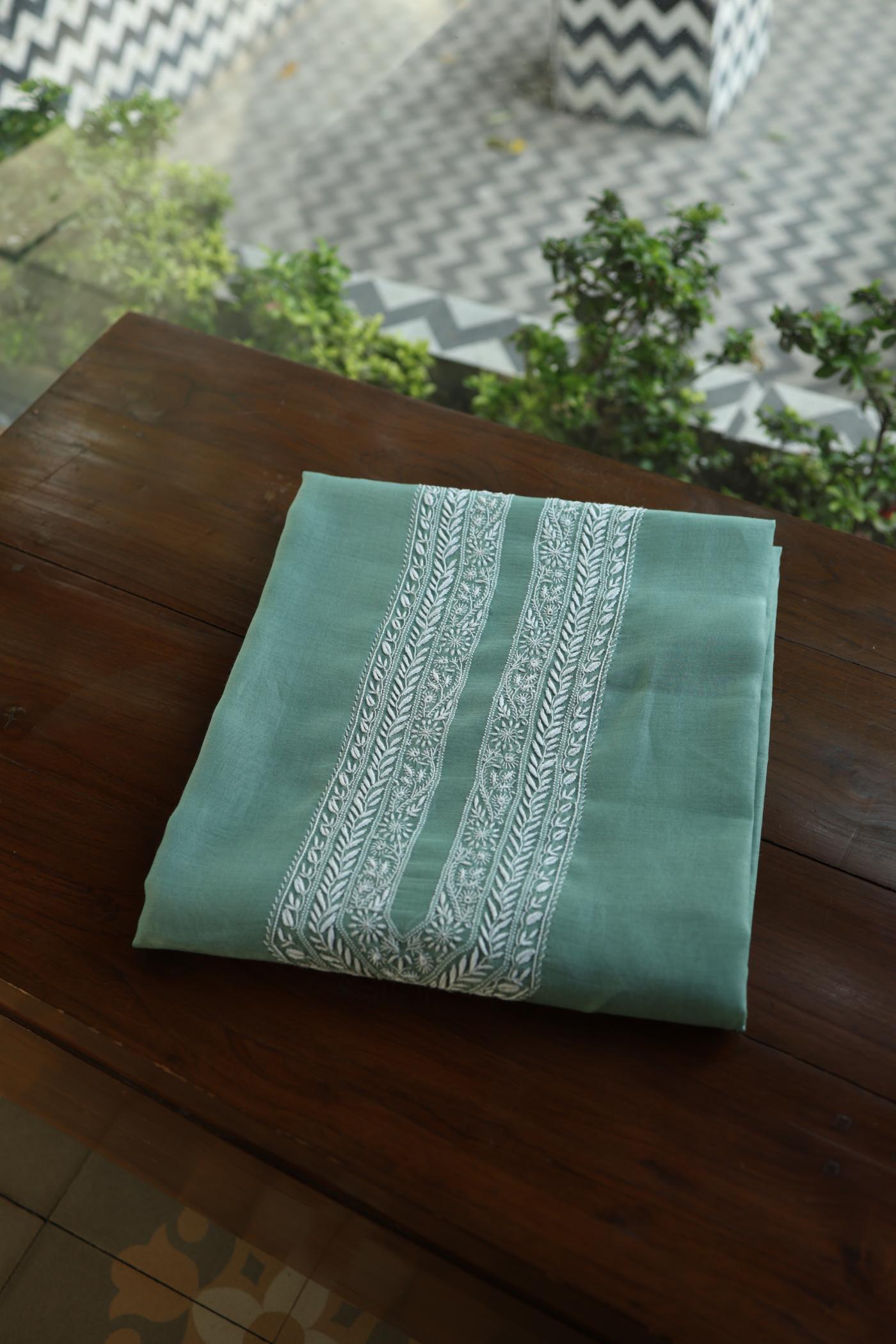 Sea Green Mulmul Chikankari Unstitched Men's Kurtas Fabric