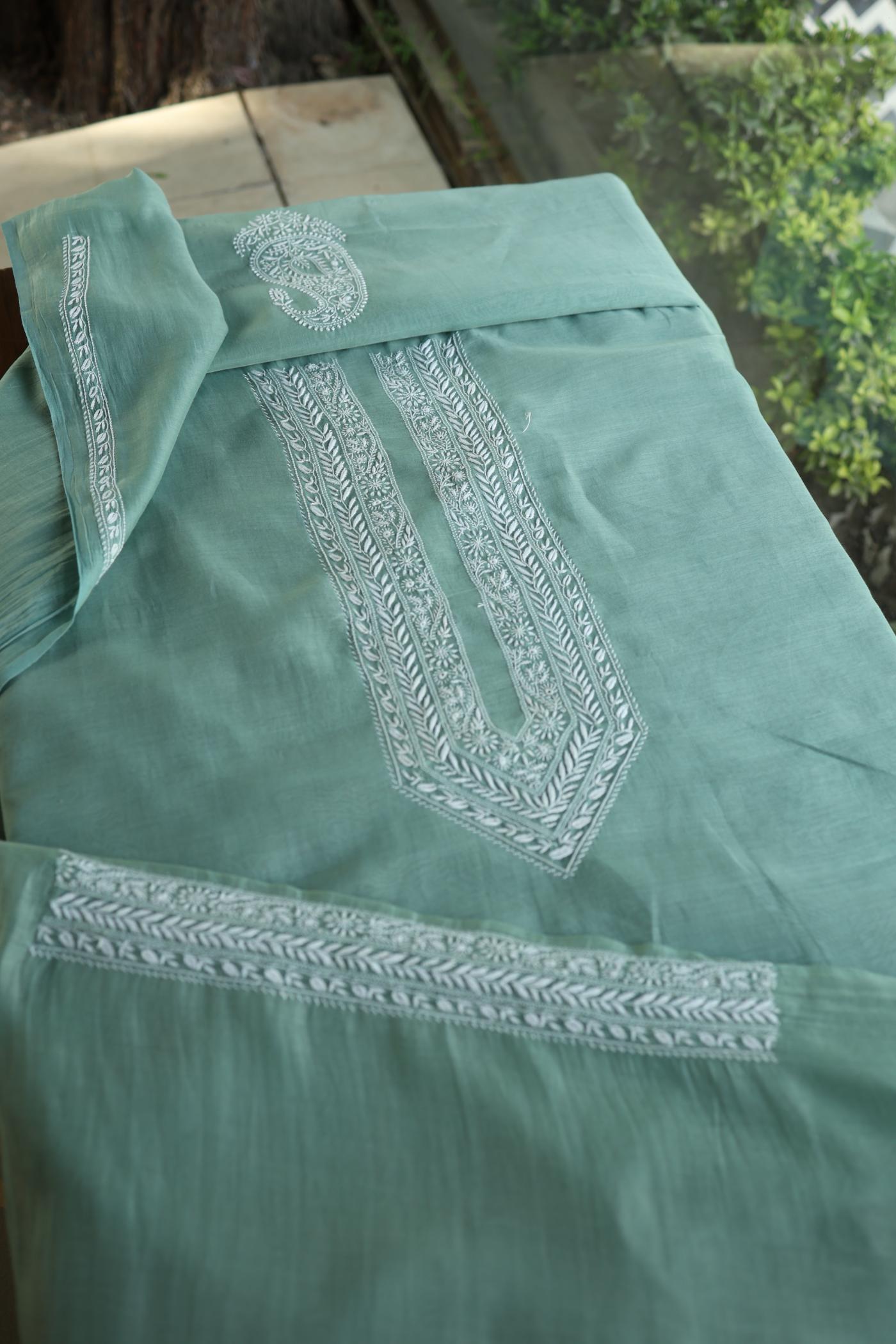 Sea Green Mulmul Chikankari Unstitched Men's Kurtas Fabric