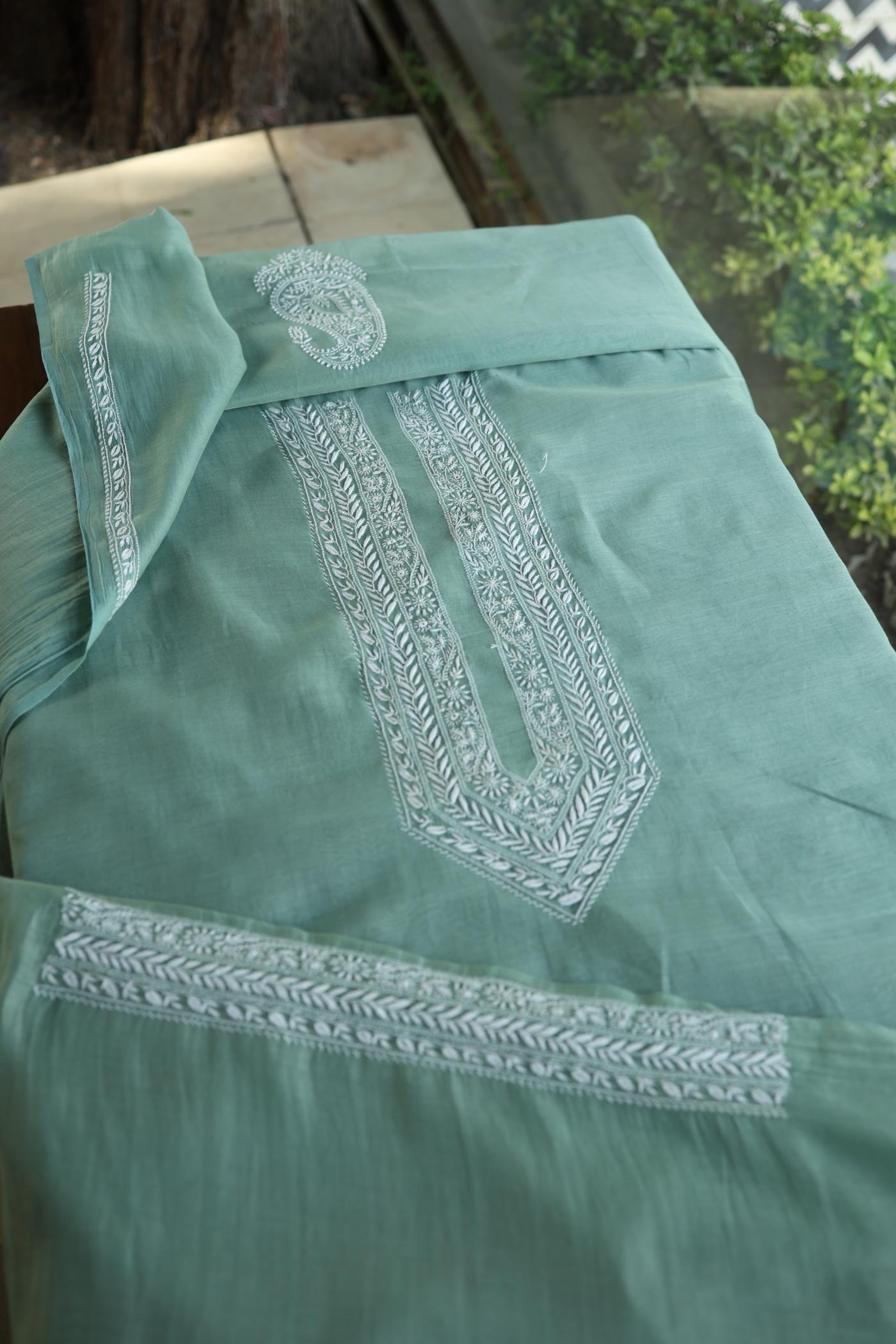 Sea Green Mulmul Chikankari Unstitched Men's Kurtas Fabric