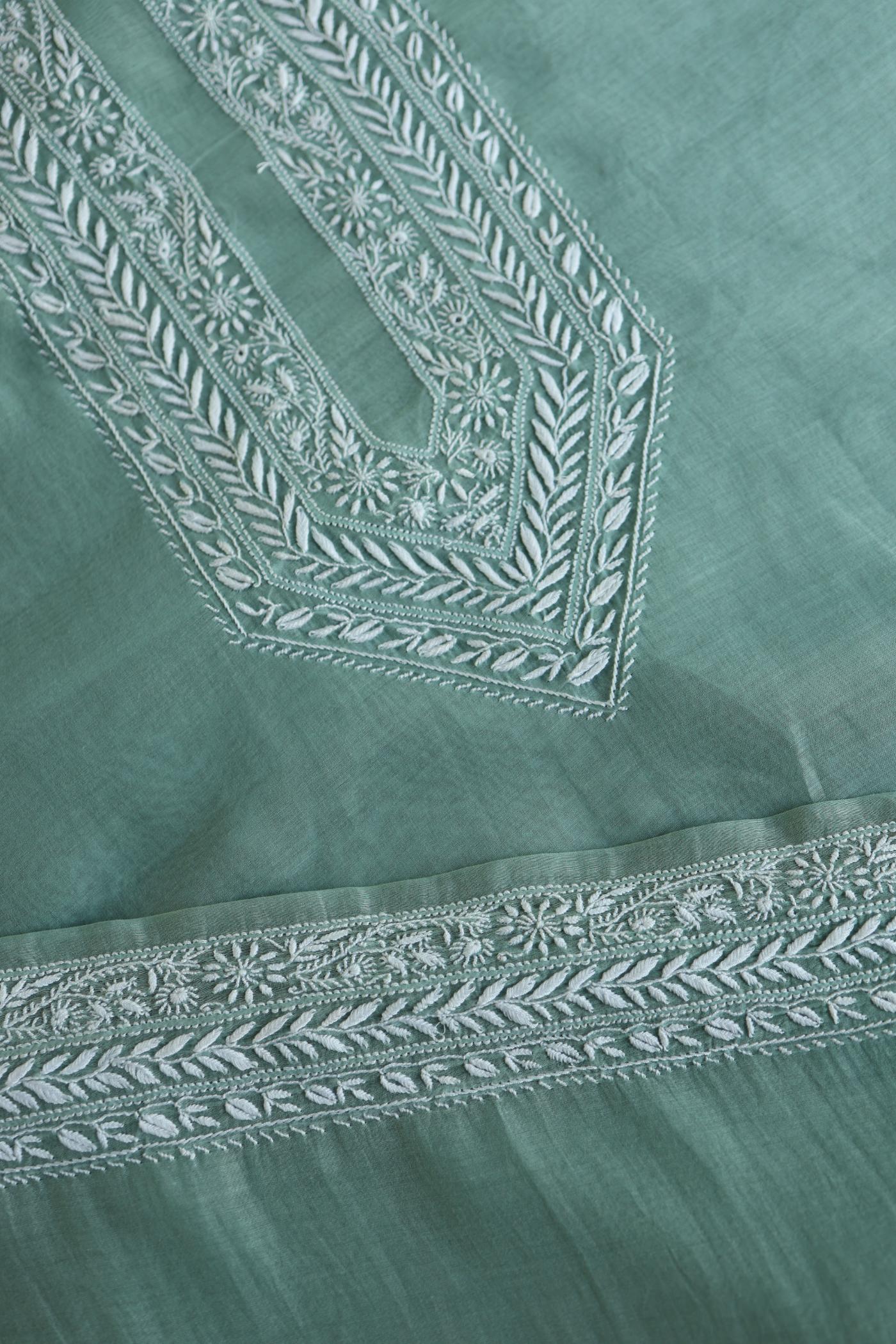 Sea Green Mulmul Chikankari Unstitched Men's Kurtas Fabric