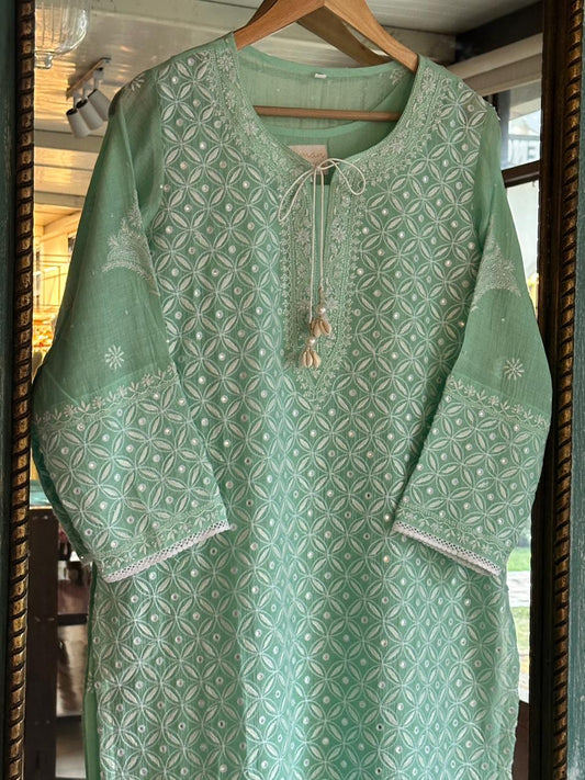 Sea Green Mulmul Pearl White Chikankari Ready to Wear Kurta Set