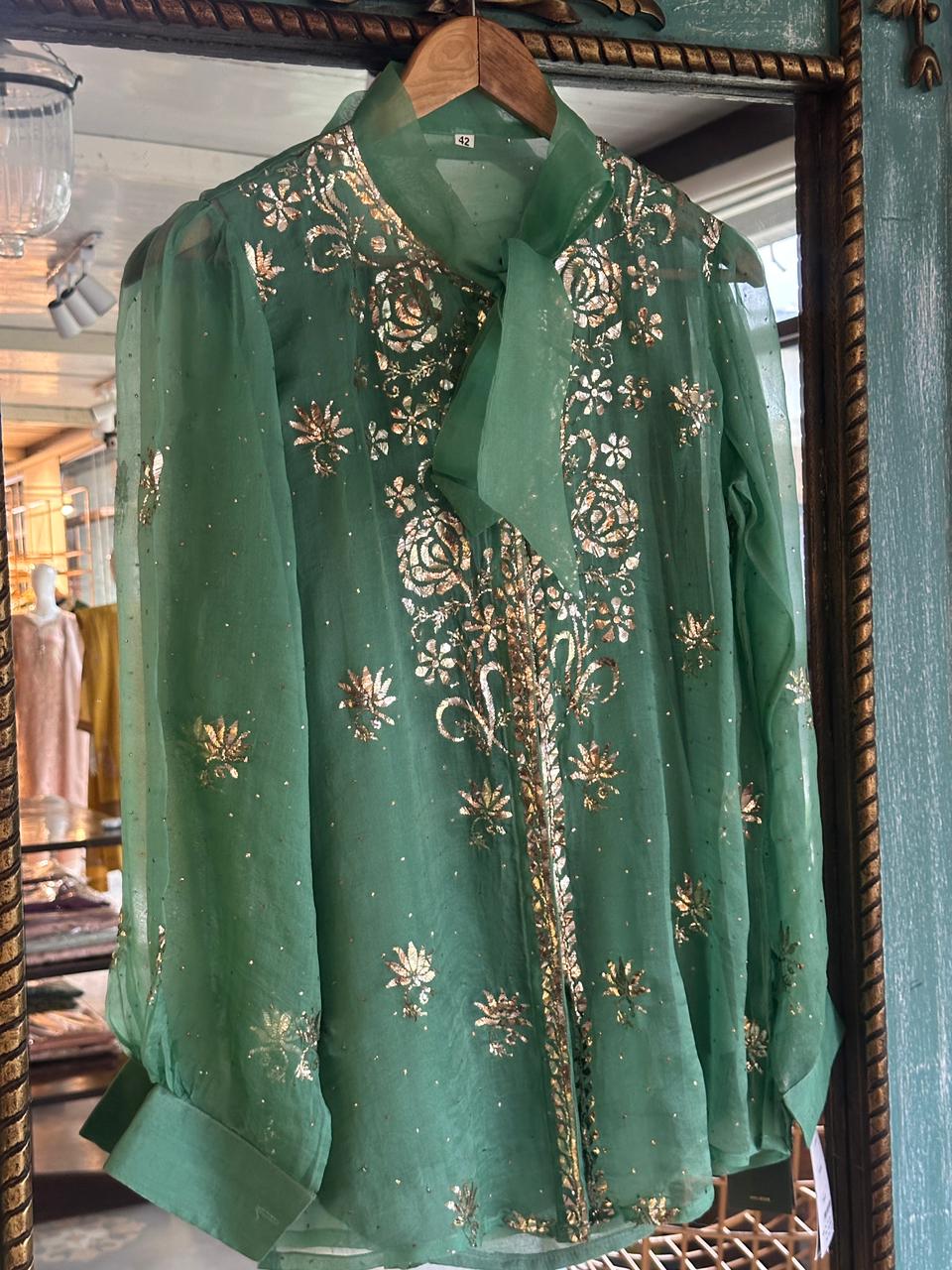 Sea Green Noor Organza Mukaish Badla Short Top With Bow Tie