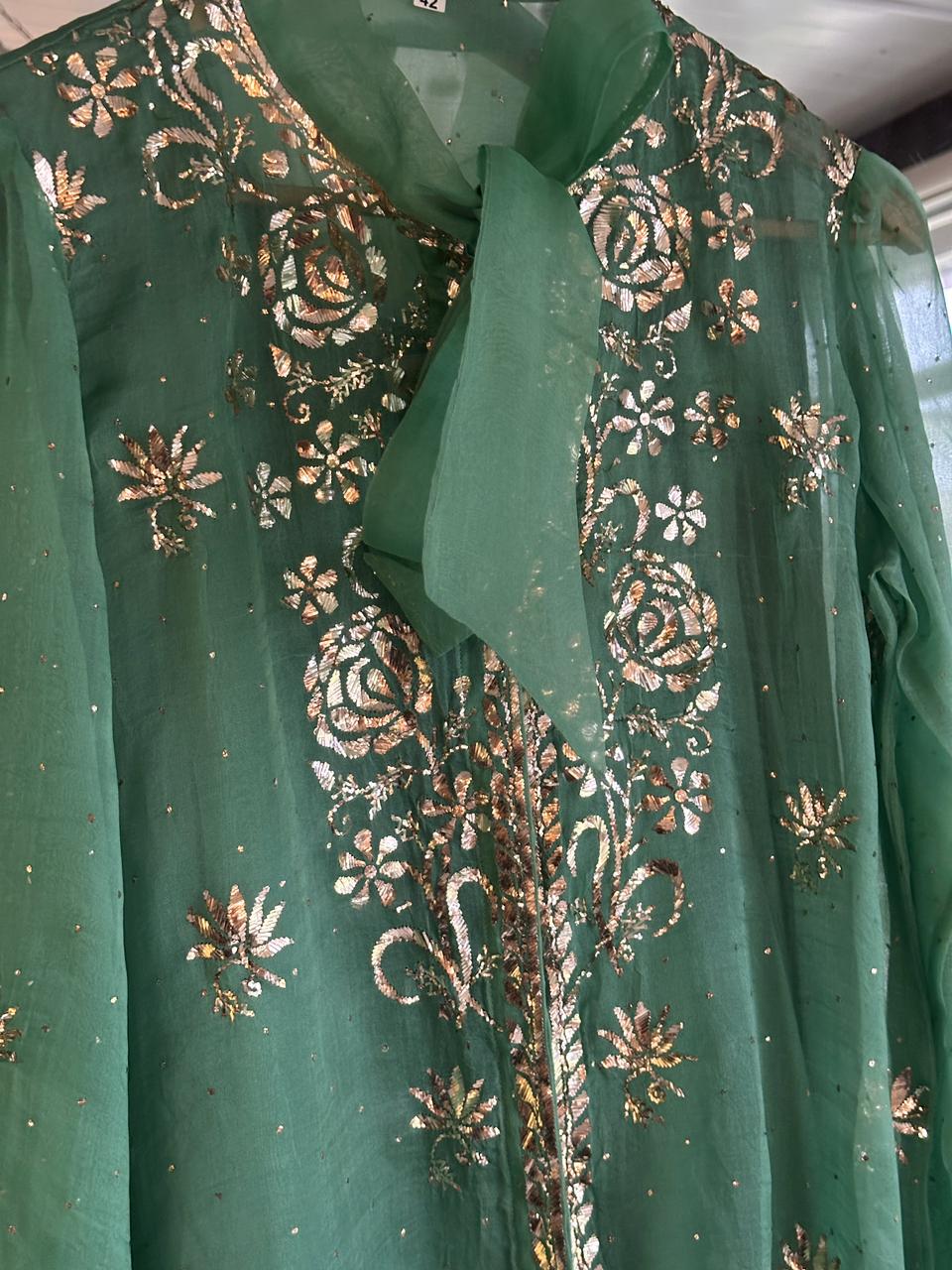 Sea Green Noor Organza Mukaish Badla Short Top With Bow Tie