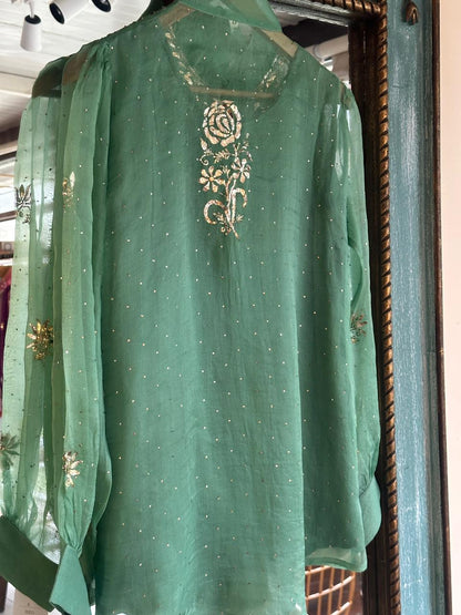 Sea Green Noor Organza Mukaish Badla Short Top With Bow Tie