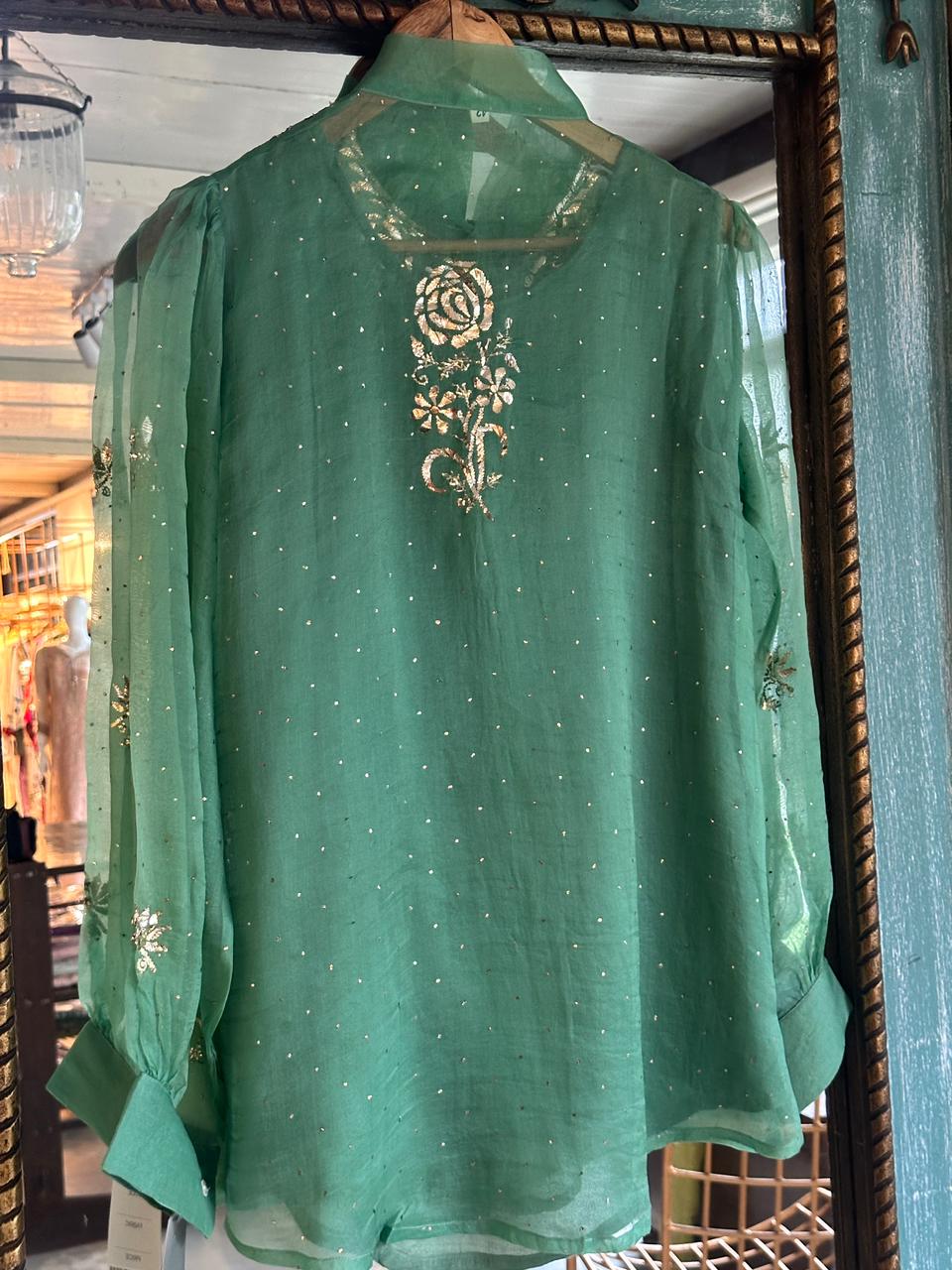 Sea Green Noor Organza Mukaish Badla Short Top With Bow Tie