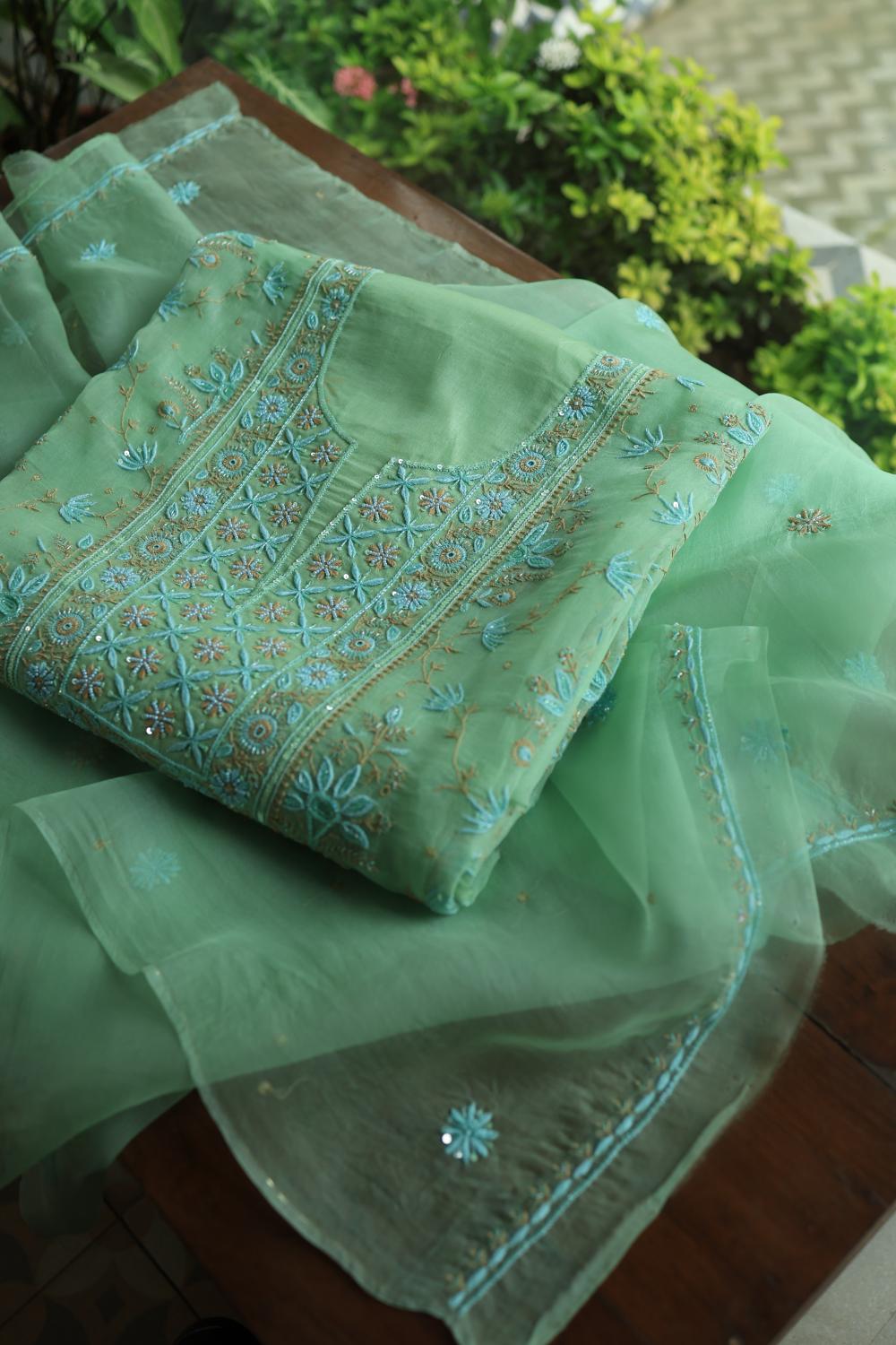 Sea Green Noor Organza Silk Chikankari With Kamdani Fabric