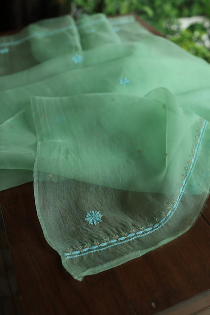 Sea Green Noor Organza Silk Chikankari With Kamdani Fabric