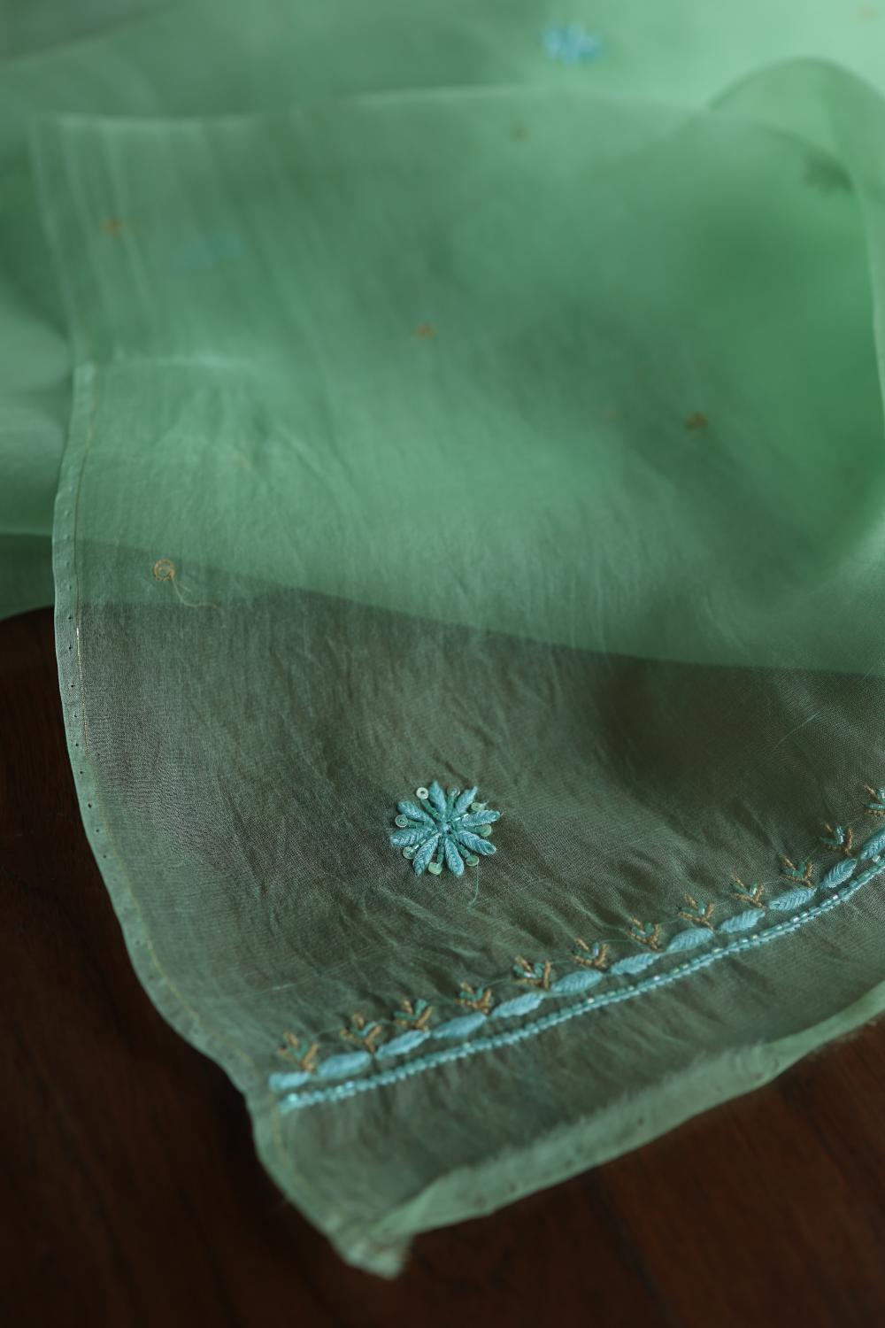 Sea Green Noor Organza Silk Chikankari With Kamdani Fabric