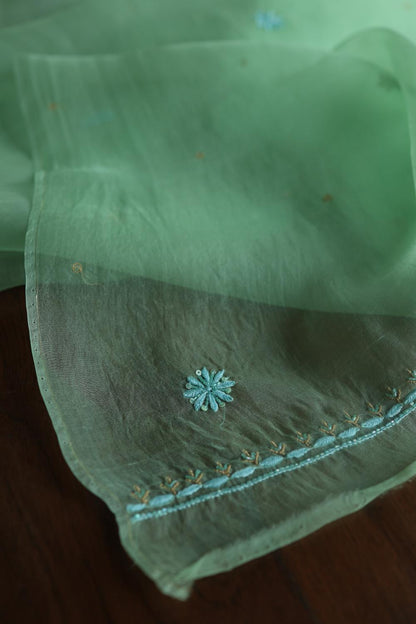 Sea Green Noor Organza Silk Chikankari With Kamdani Fabric
