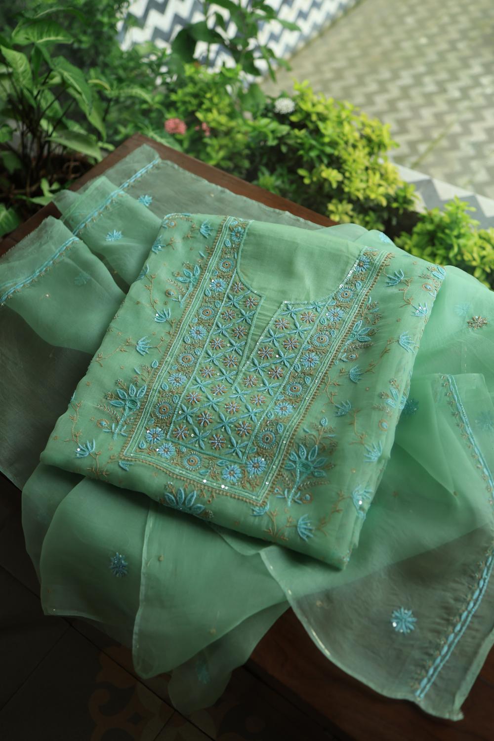 Sea Green Noor Organza Silk Chikankari With Kamdani Fabric