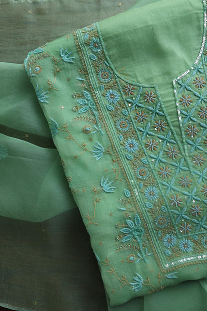 Sea Green Noor Organza Silk Chikankari With Kamdani Fabric