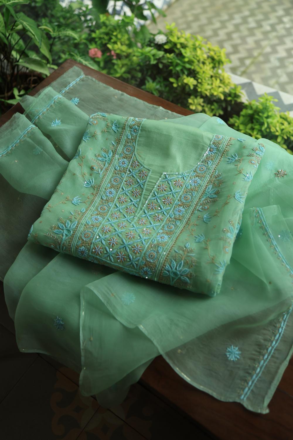 Sea Green Noor Organza Silk Chikankari With Kamdani Fabric