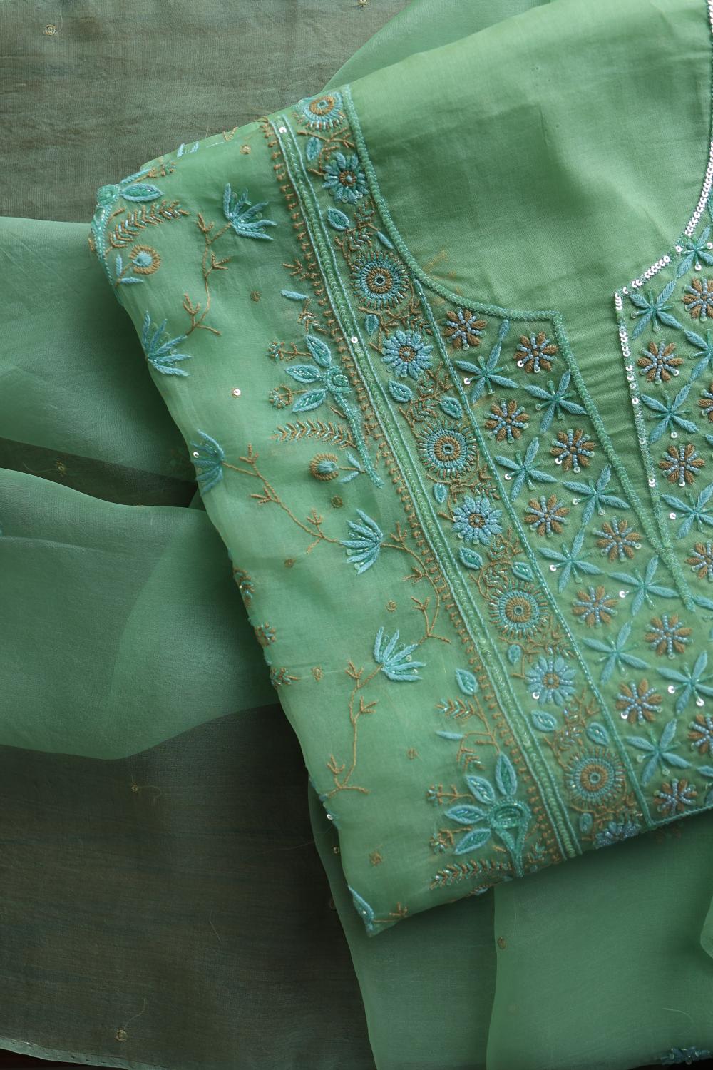 Sea Green Noor Organza Silk Chikankari With Kamdani Fabric