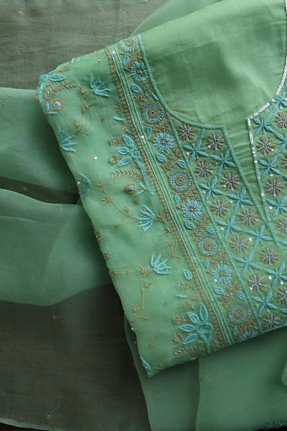 Sea Green Noor Organza Silk Chikankari With Kamdani Fabric