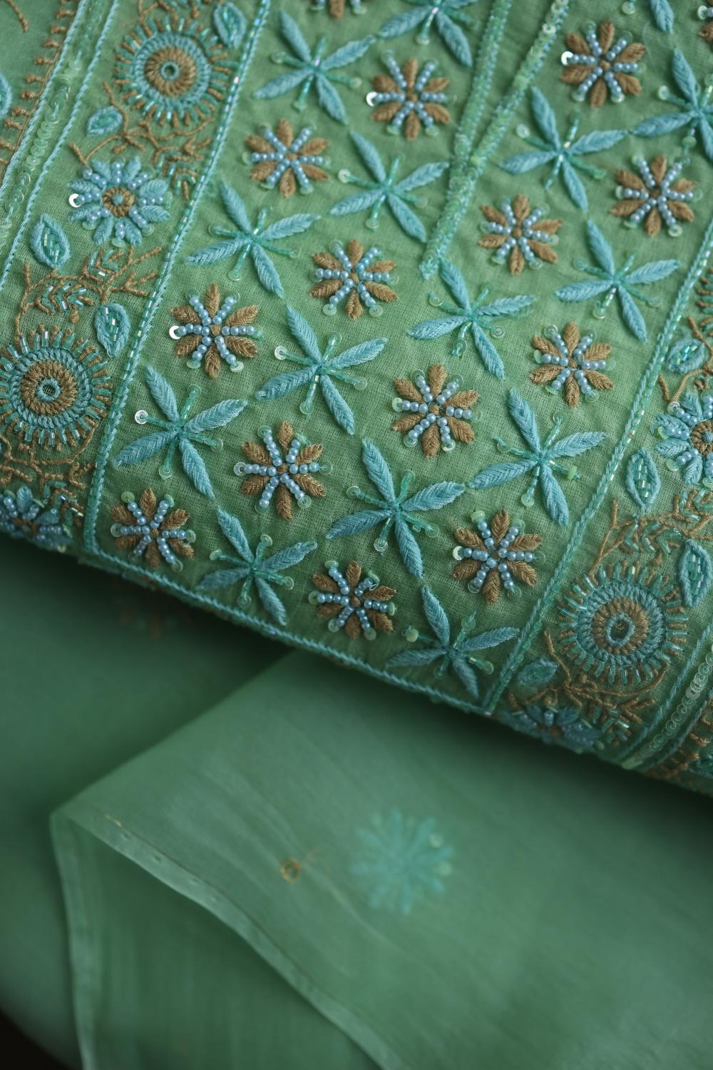Sea Green Noor Organza Silk Chikankari With Kamdani Fabric