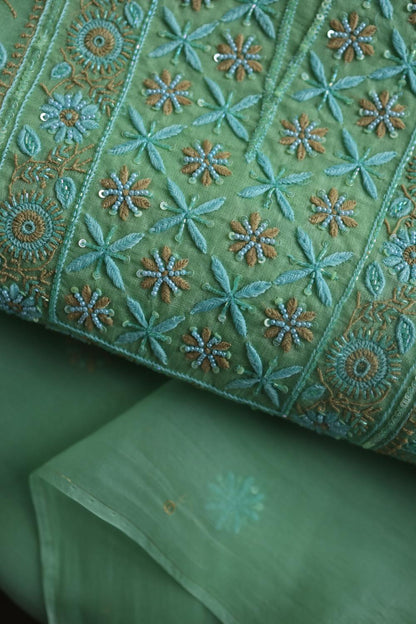 Sea Green Noor Organza Silk Chikankari With Kamdani Fabric