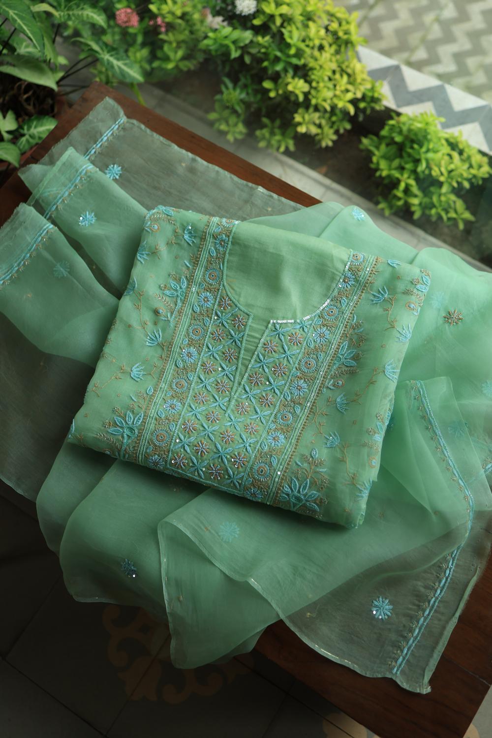 Sea Green Noor Organza Silk Chikankari With Kamdani Fabric
