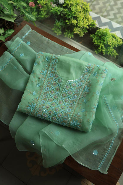 Sea Green Noor Organza Silk Chikankari With Kamdani Fabric